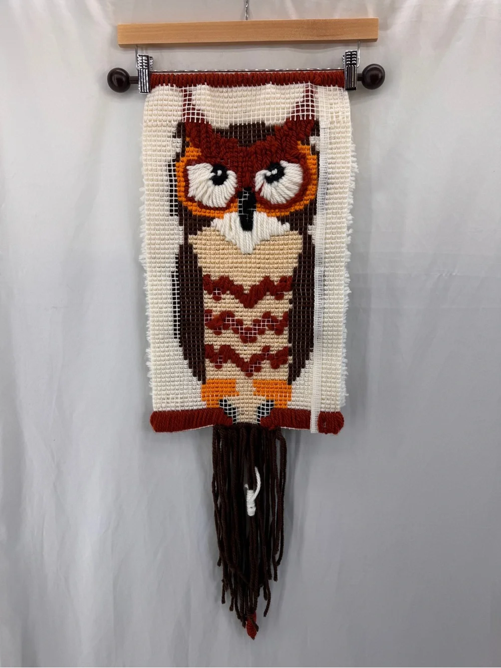 Vintage 70’s MCM Owl Latch Hook Wall Hanging Handmade Wool Yarn Boho Hippie